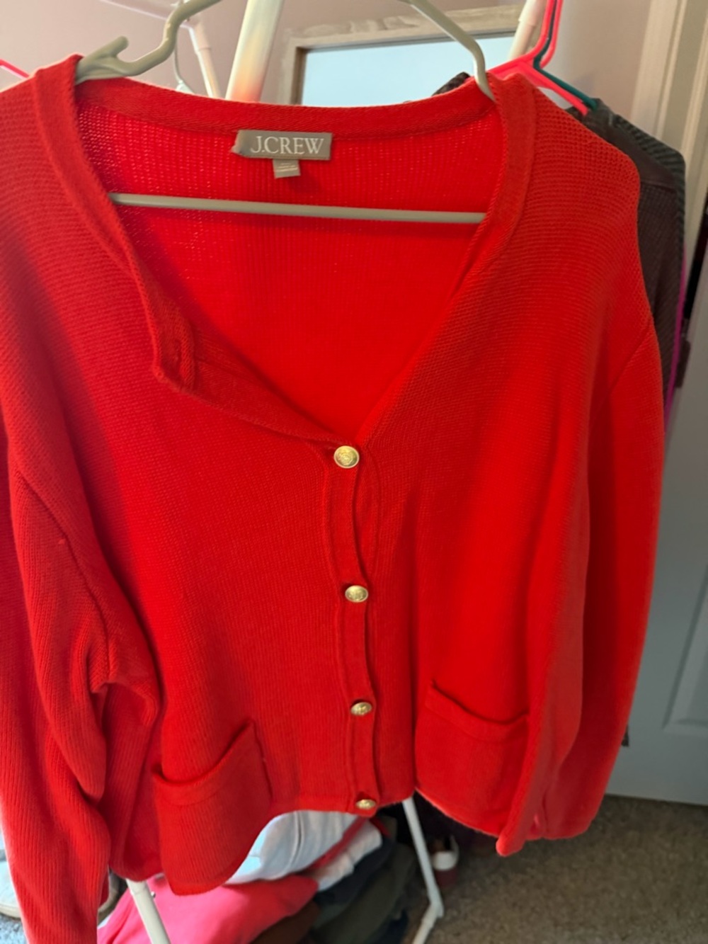 J. Crew Bright Red V-Neck Button Cardigan with Gold Buttons
